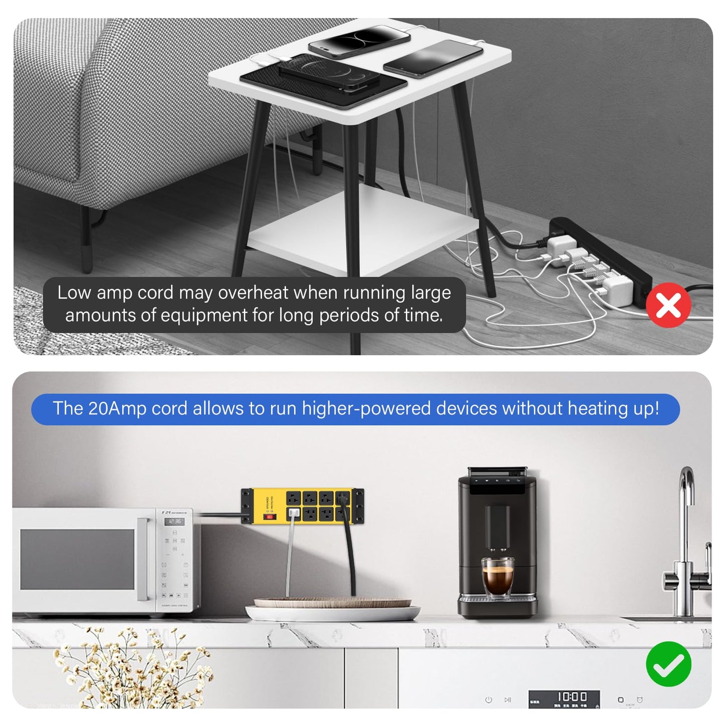 CCCEI Yellow Heavy Duty Power Strip Surge Protector 20 AMP, 8 Outlets 12 Gauge Industrial Shop Garage Metal Multiple Outlets, 25 FT Extension Cord 5-15P Adapter High Amp 6-20R T-Slot 20a for Appliance