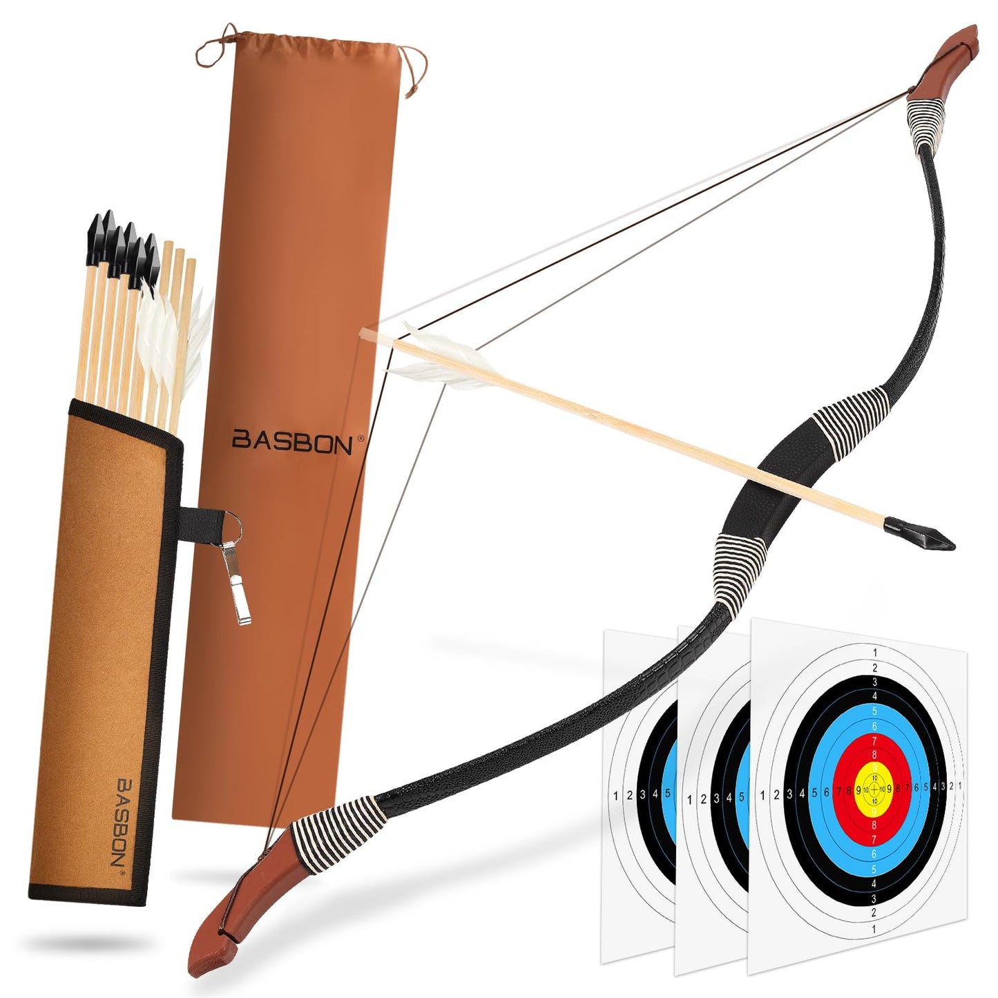 Kids Bow and Arrow Set, 33″ Archery Set Wrapped in Microfiber Leather Wooden Toy Bow and Arrow for Kids 6-8 8-12, 7 Wood Arrows, 3 Feathered Arrows (Rubber Tip), Gifts for Youth Boys Girls, Black