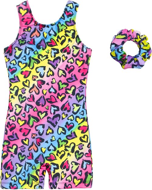 JESKIDS Girls' Gymnastics Leotards with Shorts - Stylish Biketards & Matching Hair Scrunchie | Ages 3-15