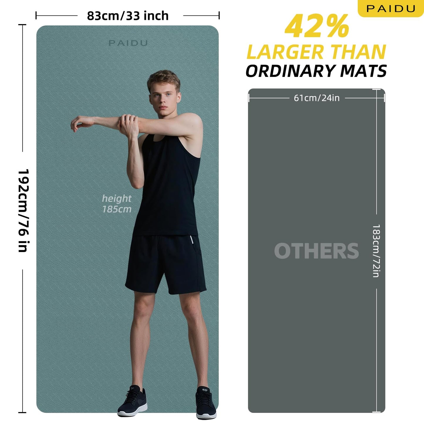 PAIDU Extra Long Wide Yoga Mat 76"x33"x2/5 Inch - Non Slip Thick Exercise Mat for Home Gym, Yoga, Pilates & Workouts (Dark green + Black)