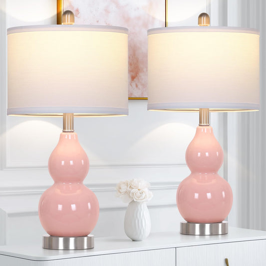 22" Double Gourd Ceramic Table Lamps Set of 2, Pink Modern Bedside Lamps for Living Room, Contemporary Nightstand Desk Lamps for Bedroom End Table Home Office Decor(2 LED Bulbs Included)