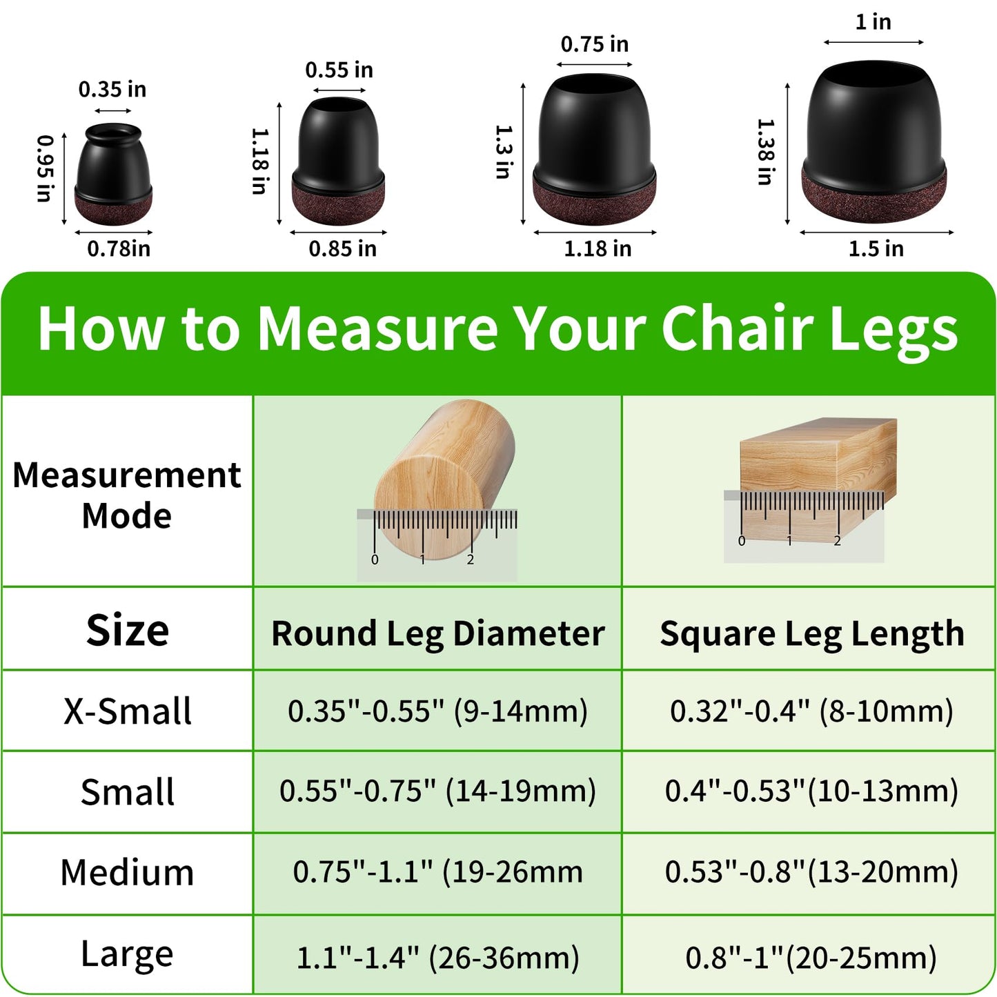 8 Pcs Extra Small Chair Leg Floor Protectors with Felt Pad - Furniture Pads for Hardwood Floors - Round Silicone Stool Cover Caps - Anti-Scratch and Reduce Noise(Black, Fit: 0.35"~0.55")