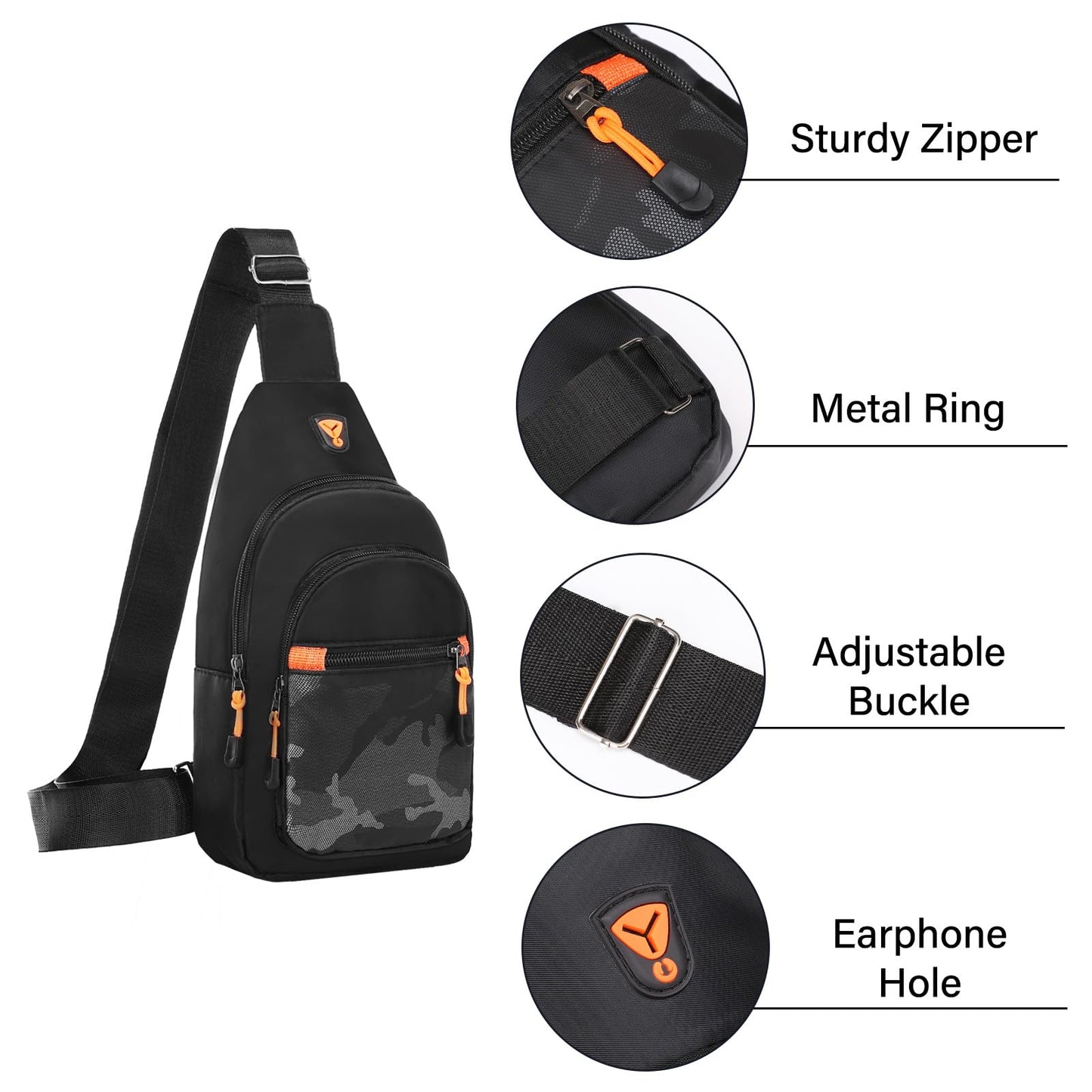 MOSISO Small Sling Backpack Crossbody Sling Bag, Lightweight Hiking Daypack Shoulder Chest Bag with Camouflage Front Pocket, Black