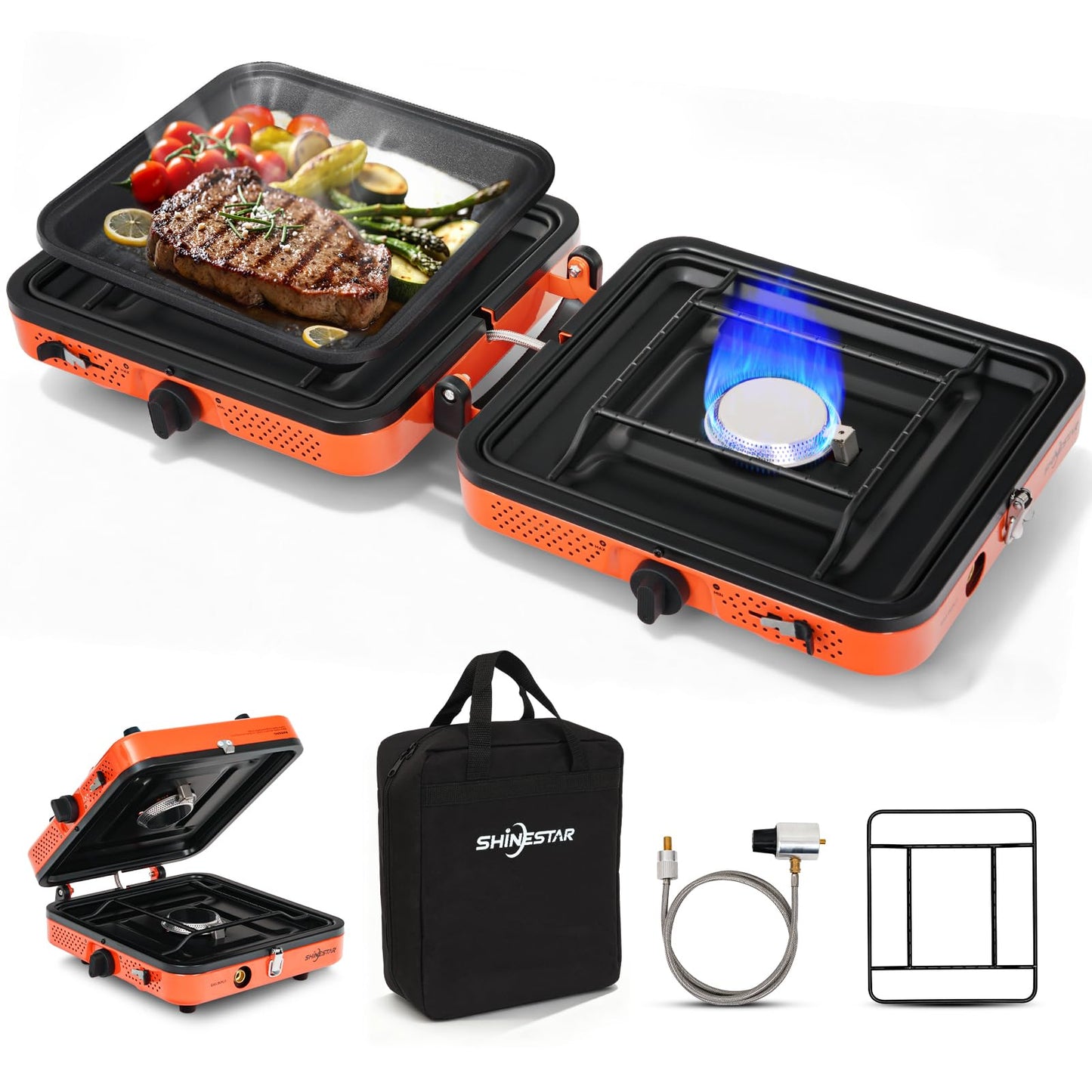 SHINESTAR 2 Burner Camping Stove with Carrying Bag, 17000 BTU Portable Propane Camp Stove, Foldable Gas Stove for Camping, Outdoor Cooking, RV Trips, or Emergencies