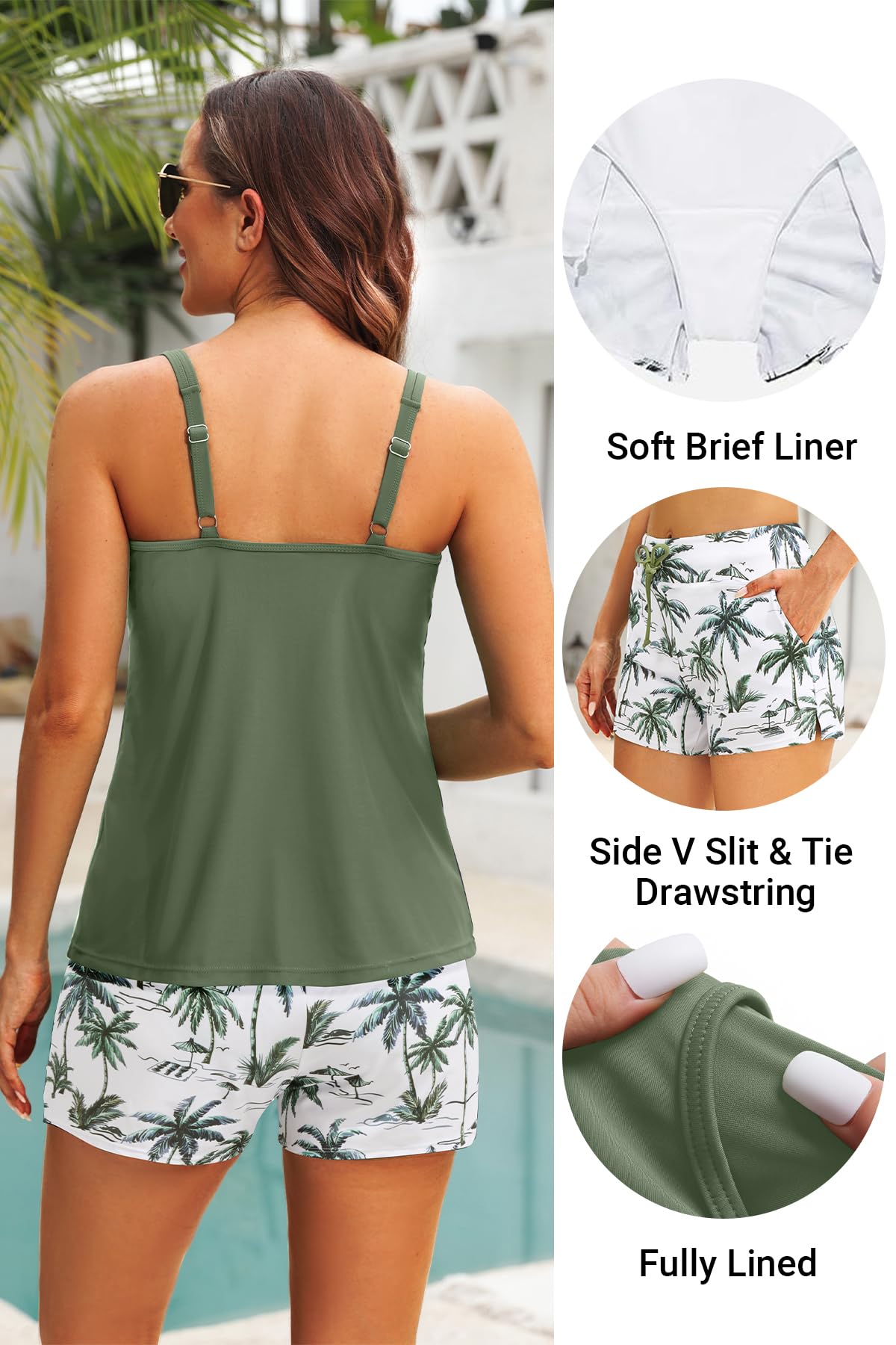Tempt Me Two Piece Tankini Swimsuits for Women Tummy Control Bathing Suit with Shorts Athletic Two Side Pockets Swimwear
