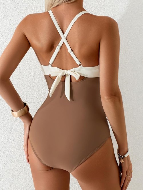 B2prity One Piece Swimsuit - Tummy Control Ruched Bathing Suit with V Neck & Cross Tie Back