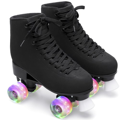 FEETCITY High-Top Roller Skates - Adult & Youth, Indoor & Outdoor, 4-Wheel Double Row, Size 6 - Black