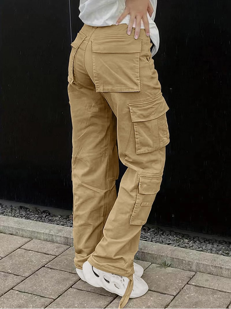 SDNGED Women's High Waisted Cargo Pants Travel Y2K Streetwear Baggy Stretchy Pants with Pockets Drawstring Ankle Cuffs Khaki