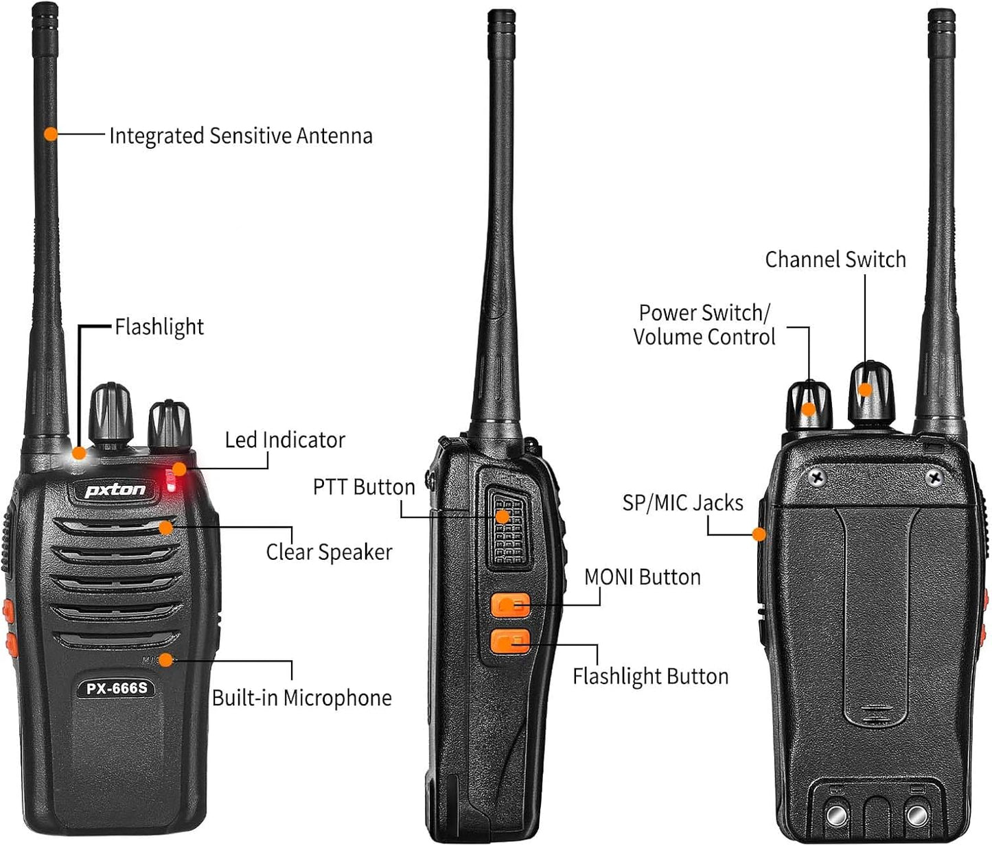Pxton Walkie Talkies - 666S Long Range Rechargeable Two-Way Radios with Headphones | VOX, Noise Reduction & Flashlight (2 Pack)