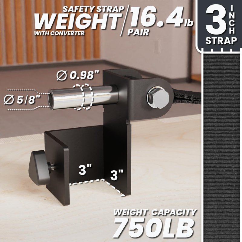 Synergee Safety Straps for 3x3 Power Racks – 29" Max Inside Depth – 750 lb Capacity Barbell Catch Straps with Quick-Mount Brackets & 5/8"–1" Hole Converters