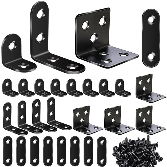 mxuteuk 96PCS L Brackets for Shelves & Flat Plate Straight Bracket,Black Stainless Steel Shelf Brackets,L Shape Heavy Duty Metal Corner Brace for Wood Furniture Cabinet Chair (0.78,1.2,1.57,1.97inch)