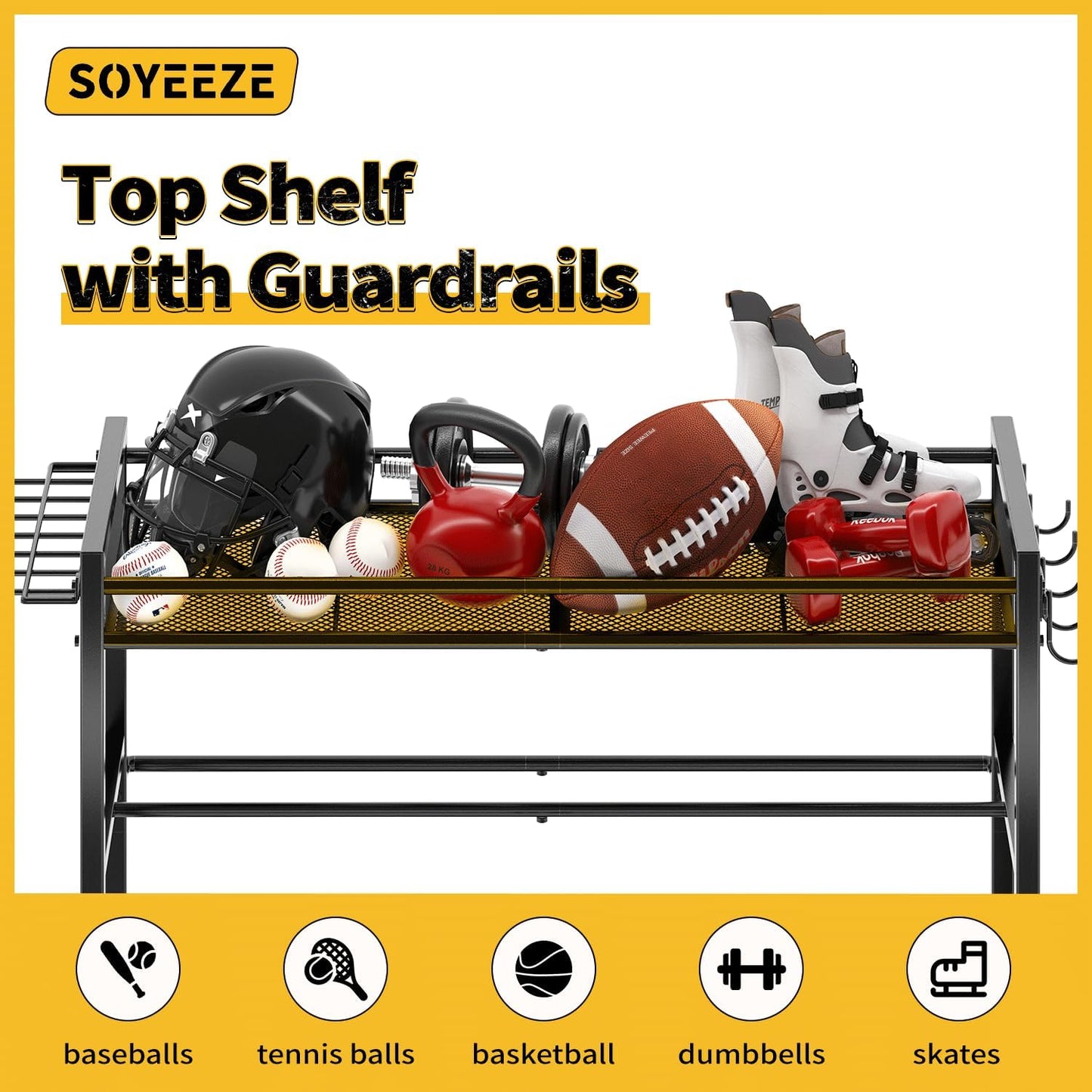 SOYEEZE Sports Equipment Organizer - 4-Tier Ball Storage Rack with Wheels & Hooks for Garage or Gym Use