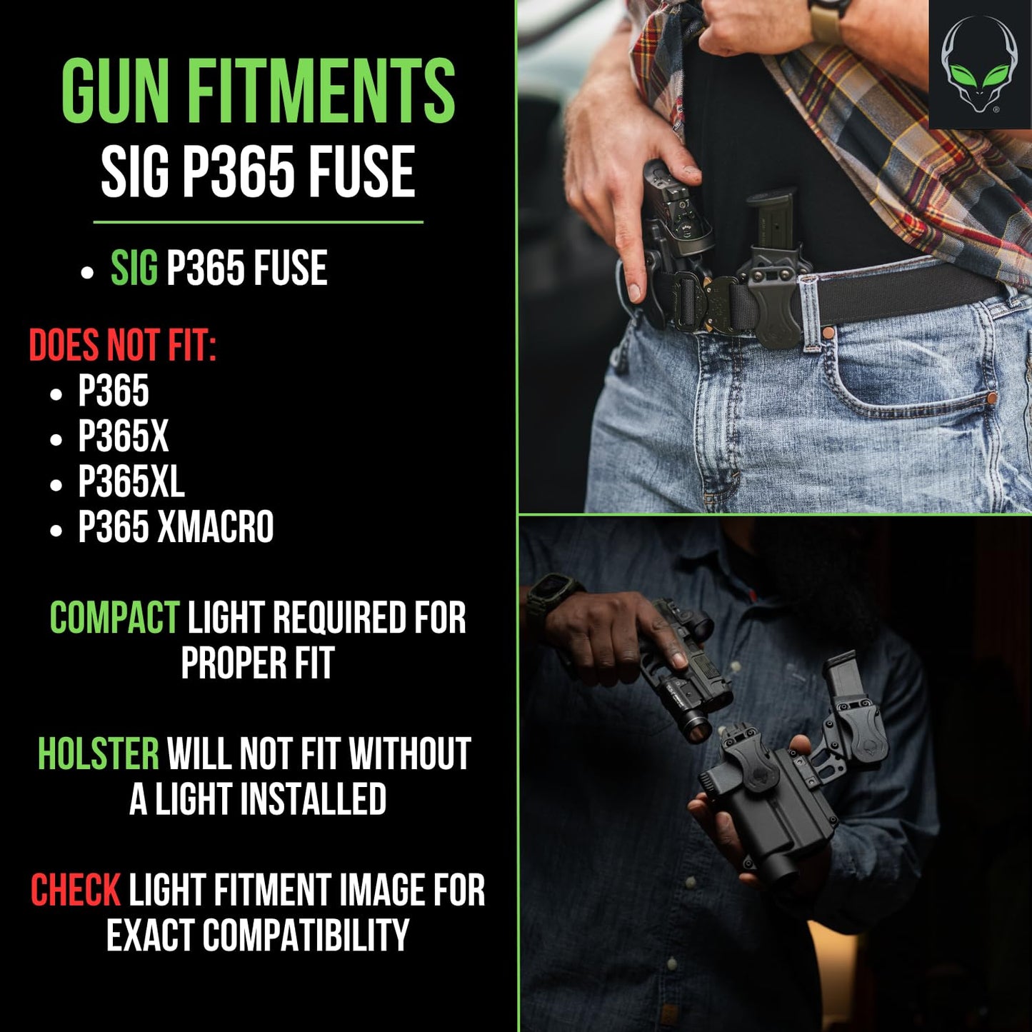 Alien Gear Photon Holster – Fits Sig Sauer P365 Fuse Only – IWB & OWB – Ambidextrous – Optic Compatible – Compact Light Required – Fits TLR-7A – Made in the USA