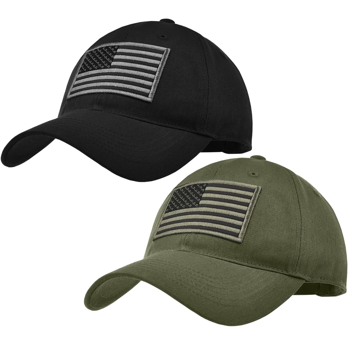 XCFWin 2 Pack American Flag Baseball Cap for Men Women Low Profile US Army Tactical Operator Military Plain Dad Hat (US, Alpha, One Size, Black ＆ Army Green)