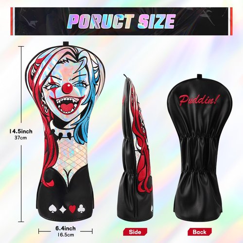 Big Crazy Driver Headcover Putter Cover, Golf Head Covers, Blade Putter Cover Magnetic with Soft Lining, Funny Driver Headcover Waterproof, Golf Club Covers, Unique Joker Girl Golf Headcovers (Laser)