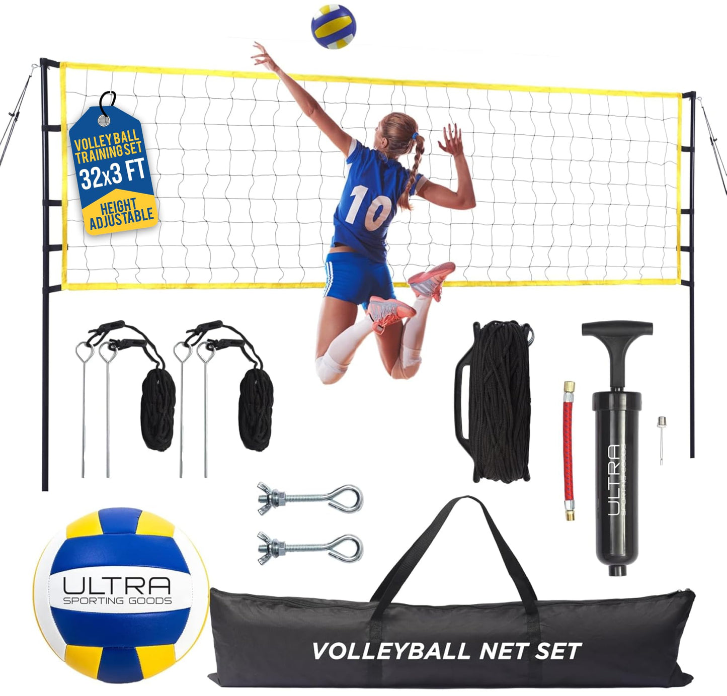 Professional Volleyball Net, Regulation Size 32x3FT, Portable | Volleyball Net for Backyard, Beach, Park, Pool, Available as a Set (Poles, Ball, Pump, Markers) or as a Replacement Net
