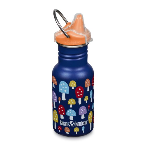 Klean Kanteen 12 oz Classic Kid's Sippy Bottle - For Little Hands - With Dust Cover & Attachable Loop - Durable, BPA-Free, Stainless Steel Material - Fits Interchangeable Caps - Mushrooms