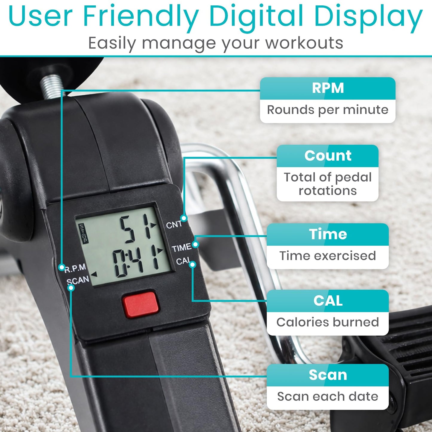 Vive Folding Pedal Exerciser - Under Desk Exercise Bike for Seniors, Elderly - Sit Down Stationary Peddler Equipment for Arm, Leg, Hand, Foot - Mini Floor Bicycle with LCD Display, Adjustable Tension