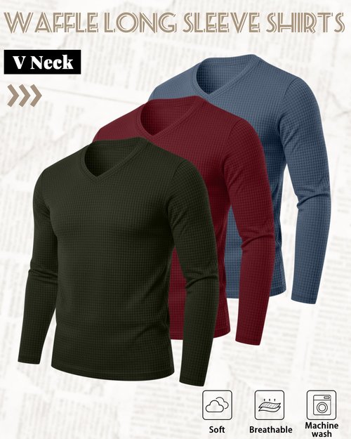 Ficerd 3 Pack Men's Waffle Thermal Long Sleeve Shirts V Neck Underwear Tops Casual Knit Undershirts Pullover Sweaters(Haze Blue, Burgundy, Dark Army Green,X-Large)