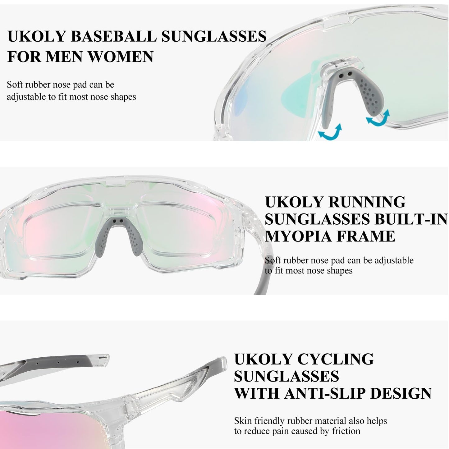 Ukoly Photochromic Cycling Glasses For Men Women, Sports Sunglasses For Baseball Running Cycling HD Lens UV400 Protection 628 (HD Photochromic Pink)