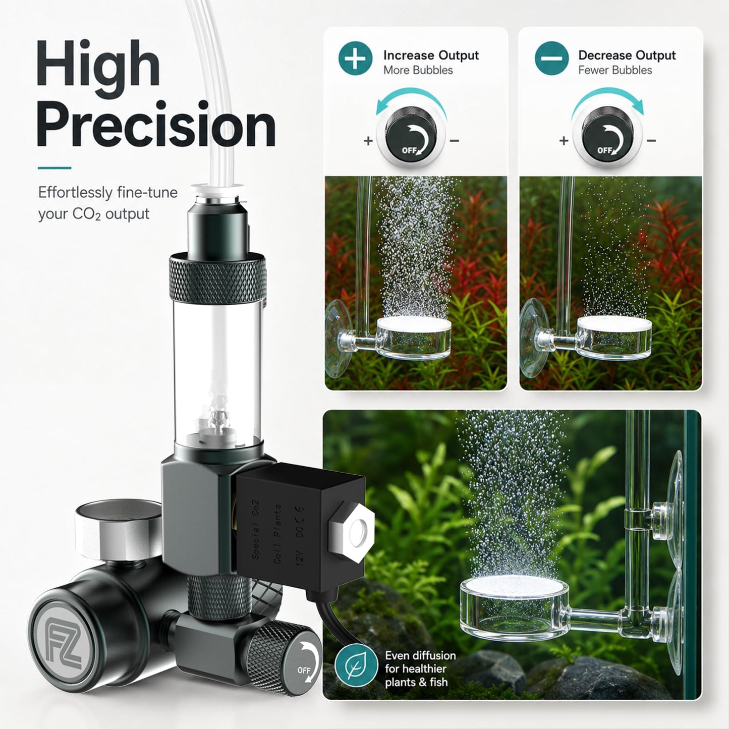 FZONE Aquarium CO₂ Regulator Kit, Compact Aquarium CO₂ System with Diffuser, Upgraded DC Solenoid and Bubble Counter Check Valve, for Establishing CO₂ System in Aquatic Plant Tank