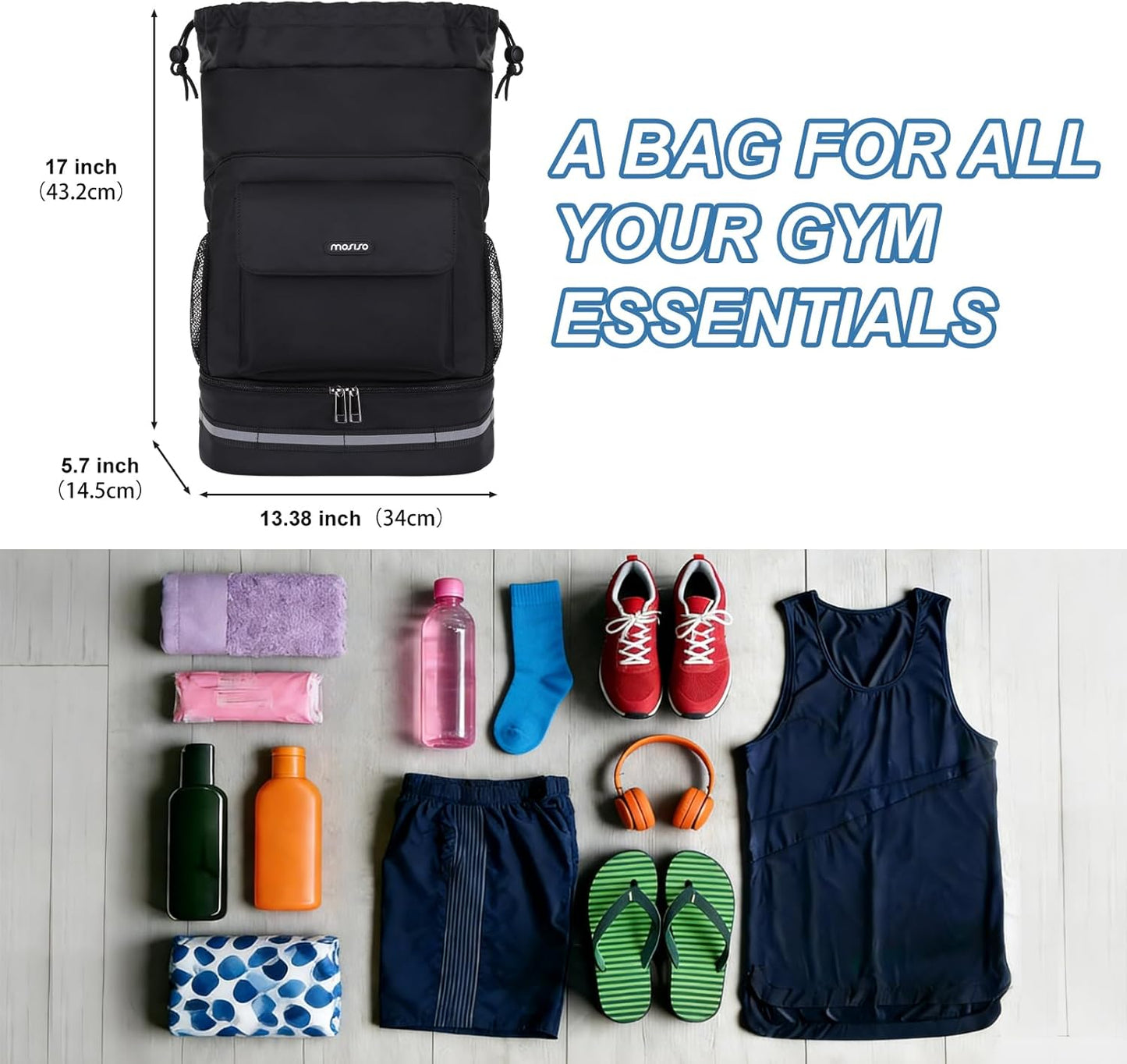 MOSISO Gym Bag - Sports Drawstring Backpack with Shoe Compartment & Front Pocket | Black Fitness Duffle for Travel and Yoga