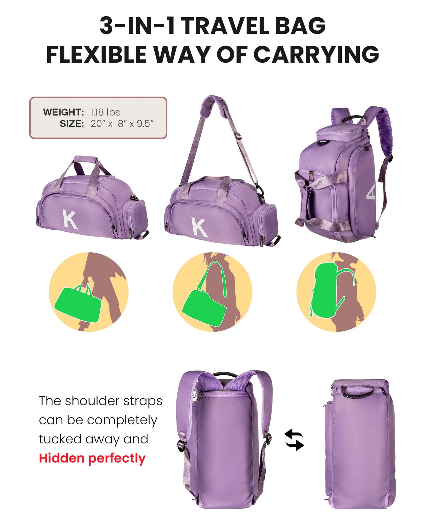 Vogewood Girls Gift-Birthday Gifts for 12 13 14 15 16 17 18 Year Old Girl, Initial Gym Bags with Shoe Compartment, Dance Bag for Girls, Kid Overnight Bags, Preppy Stuff (Letter K)