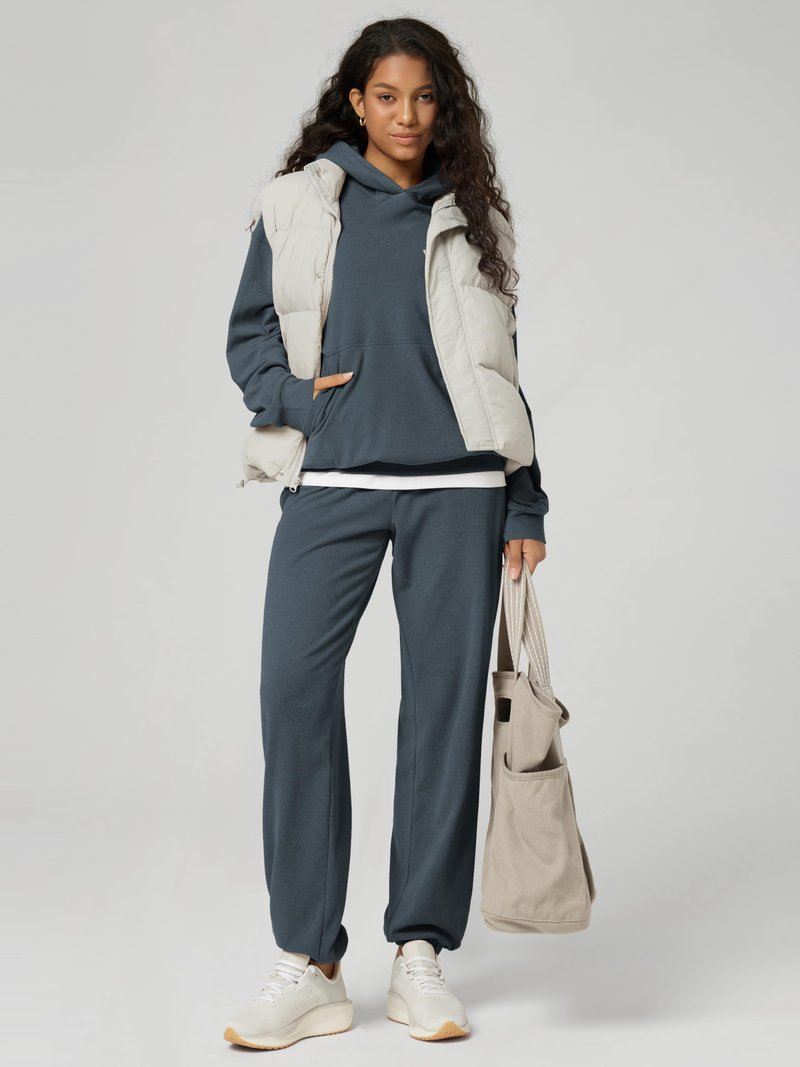 ODODOS Women's Brushed Fleece Jogger Sweatpants – Cozy Warm Adjustable High-Rise Relaxed Lounge Pants with Pockets, Dark Blue Heather, Medium