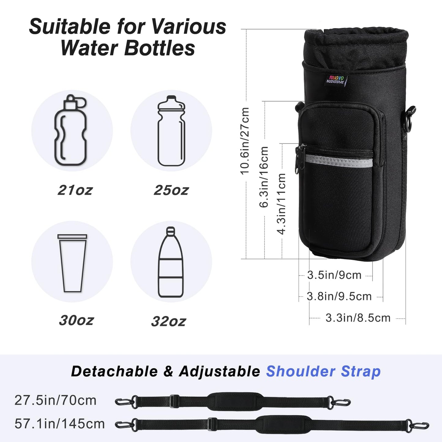 Nuovoware Magnetic Gym Bag, 25oz/32oz Water Bottle Carrier Holder, Adjustable Shoulder Strap 2 Pocket Sports Sling Neoprene Sleeve for Hiking Travelling Camping, Black+White