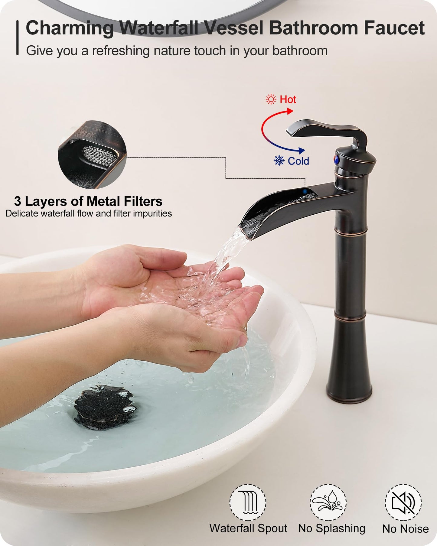 HEYMYTAP Tall Vessel Sink Faucet, Oil Rubbed Bronze Bathroom Faucet Waterfall Bathroom Faucets One Hole, Brass Bathroom Sink Faucet Single Handle with Pop-Up Drain & Water Hoses, 5 Mins Install