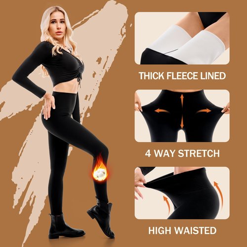 Fawarior Fleece Lined Leggings Women - Thermal Warm Soft High Waisted Tummy Control Yoga Pants for Cold Winter Black XL