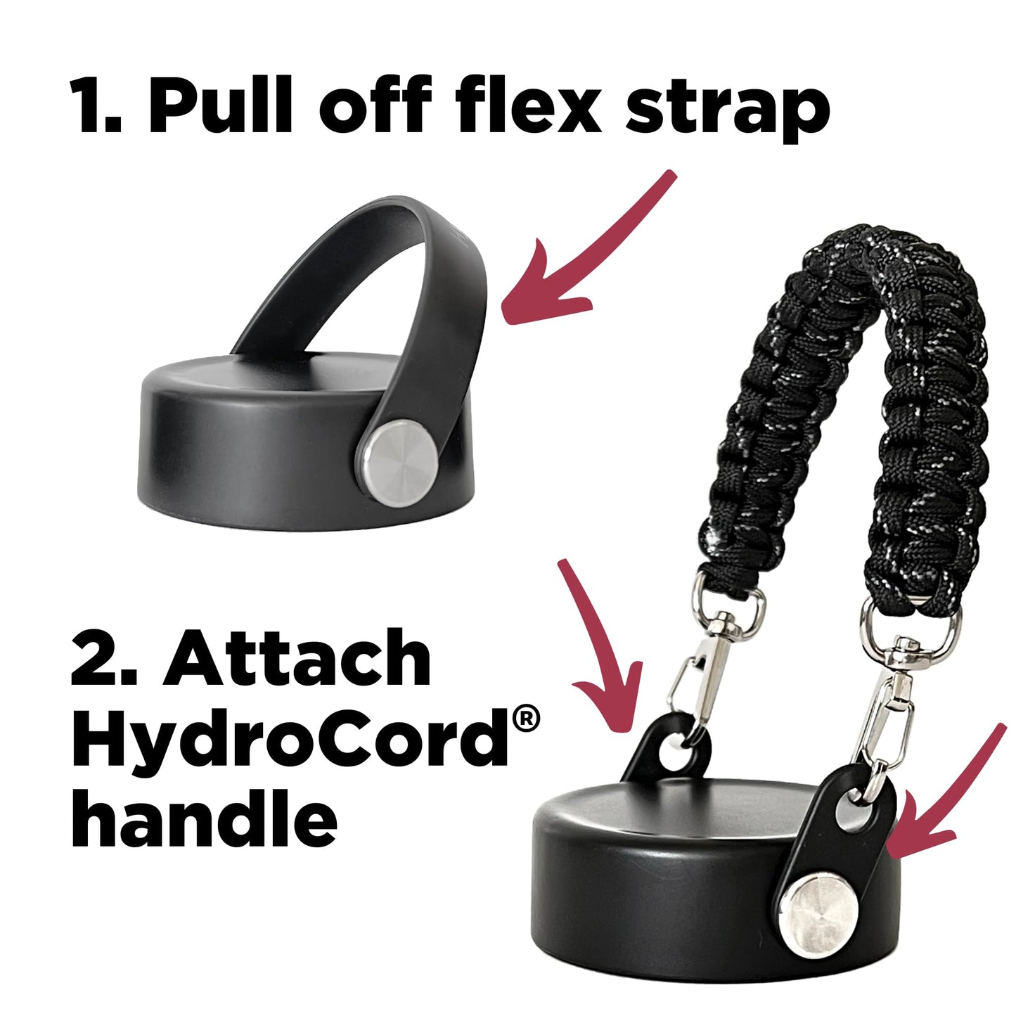 Gearproz HydroCord 3.0 H, Replacement Handle and Clips for Hydroflask Lids with Rivets, Fits Wide Mouth Bottles 12oz-64oz, Shoulder Strap, Water Bottle Handle, Durable Carrier (Black)