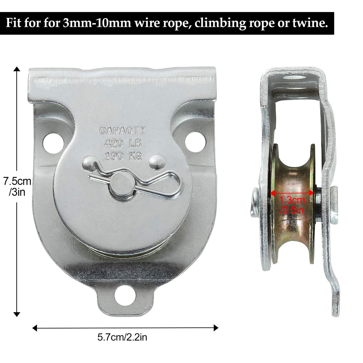 AConnet 6 Pack Wall Mounted Pulley 1-1/2 Inch Wall and Ceiling Mount Single Pulley for 3/8" Wire or Rope, Zinc-Plated