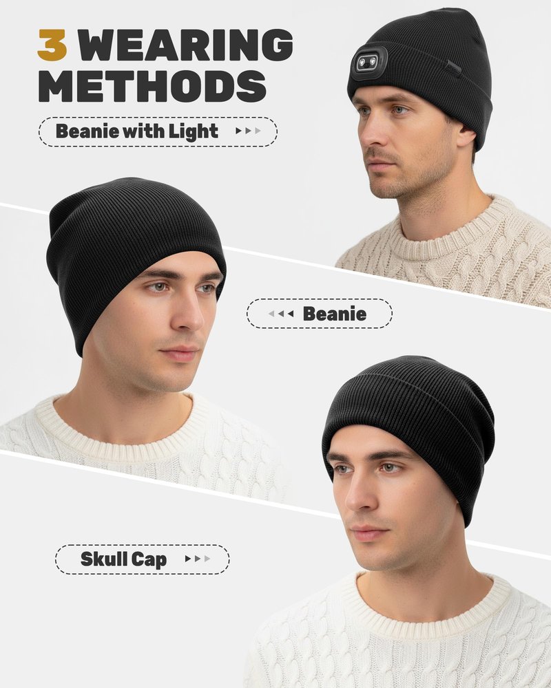 OKKLE Beanie with Headlamp Beanie with Light LED Winter Stocking Cap Knit Hats for Men Women Black