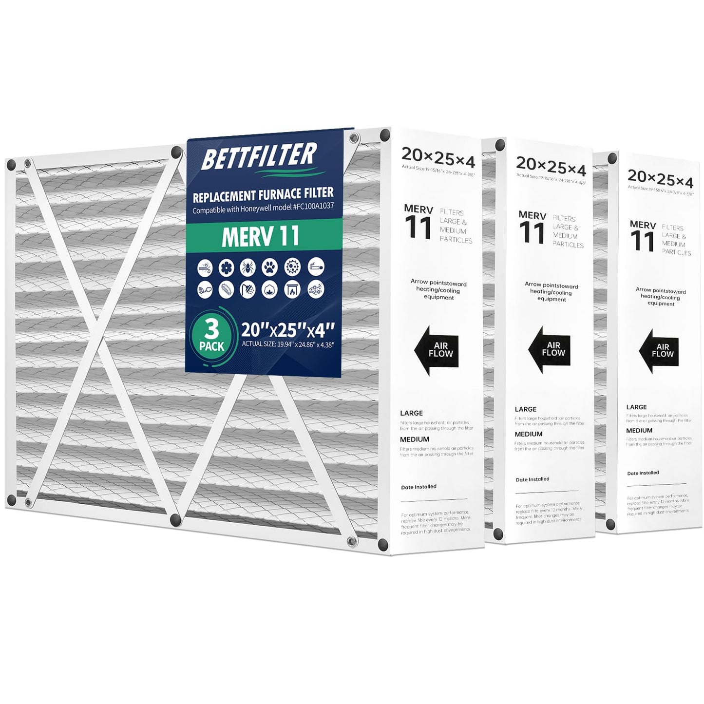 BETTFILTER 20x25x4 AC Furnace Air Filter Compatible with Honeywell FC100A1037, MERV 11 HAVC Filter Replacement, Actual Size:19.94" x 24.86" x 4.38", Pack of 3