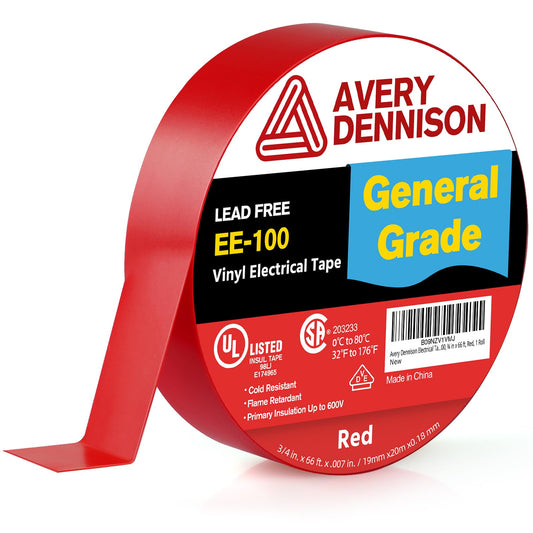 Avery Dennison Electrical Tape, General Use PVC Electric Tape, UL/CSA Listed Insulating Vinyl Tape for Electrical, Repairs, Automotive and Equipment, EE-100, ¾ in x 66 ft, Red, 1 Roll