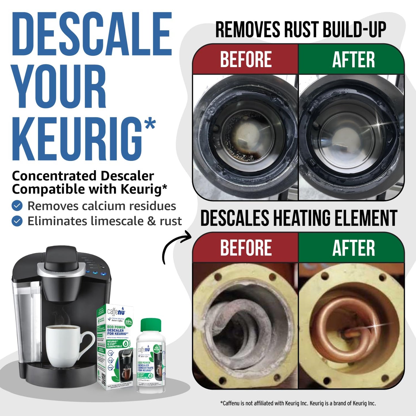 Keurig Compatible Descaling Solution. 1 Bottle of Descaler Solution. Descaling Kit Removes Limescale For Hotter Coffee. 2 Uses Descaler For Keurig Coffee Makers.
