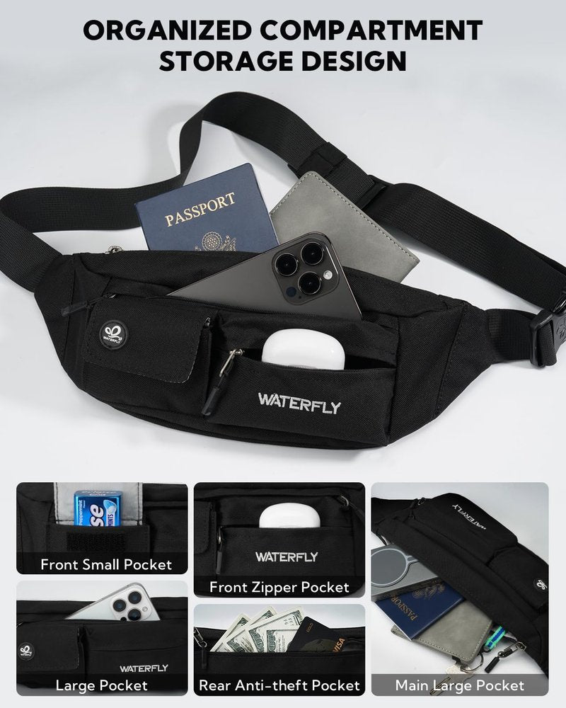WATERFLY Small Crossbody Fanny Pack: 5 Pocket Slim Lightweight Waist Belt Hip Bag for Women Men Water Resistant Chest Pouch for Travel Hiking Running Walking Fit All Phones - Black