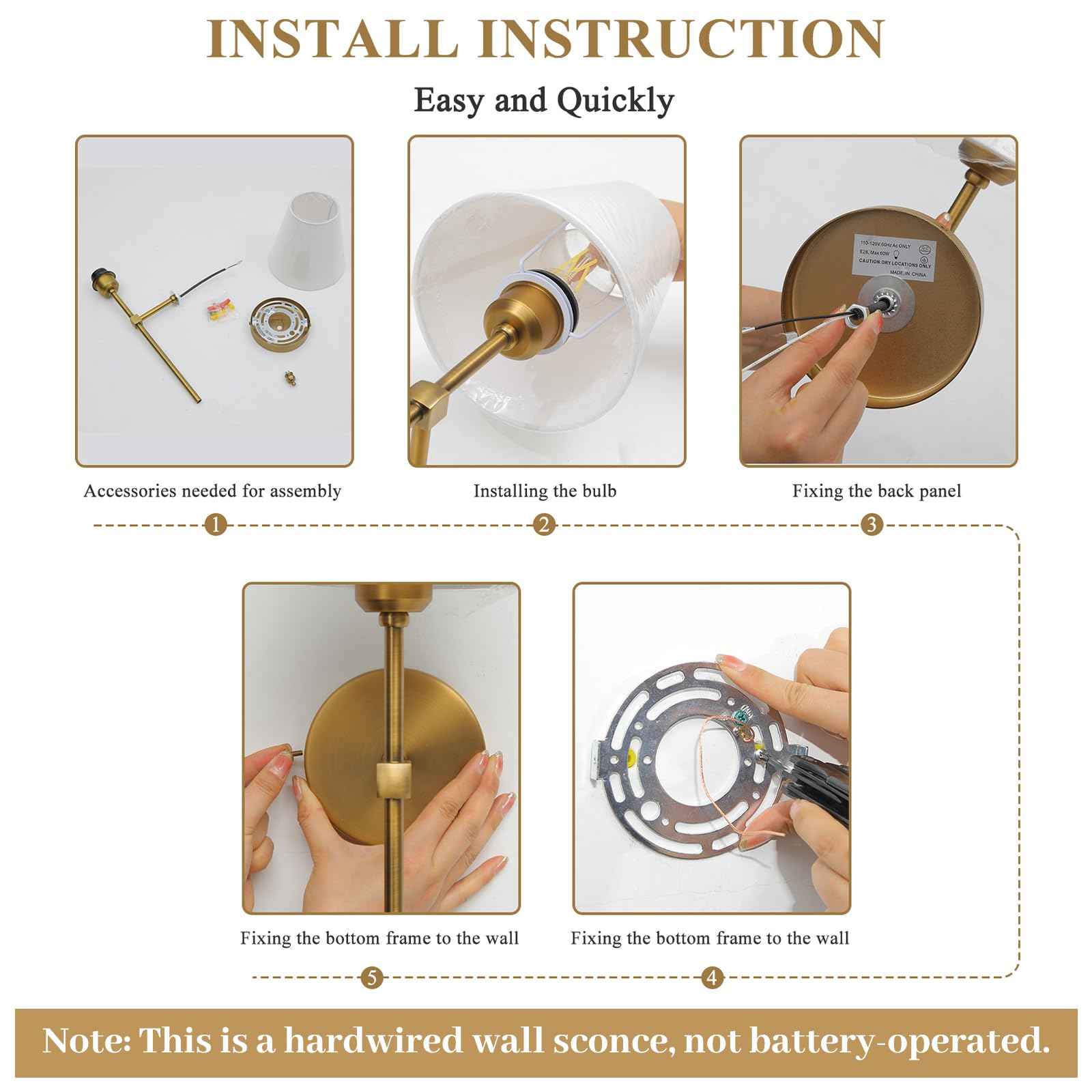 Bsmathom Wall Sconces Sets of 2, Hardwired Classic Brushed Brass Sconces Wall Lighting, Bathroom Vanity Light Fixture with Fabric Shade for Bedroom Living Room Hallway Kitchen, Gold