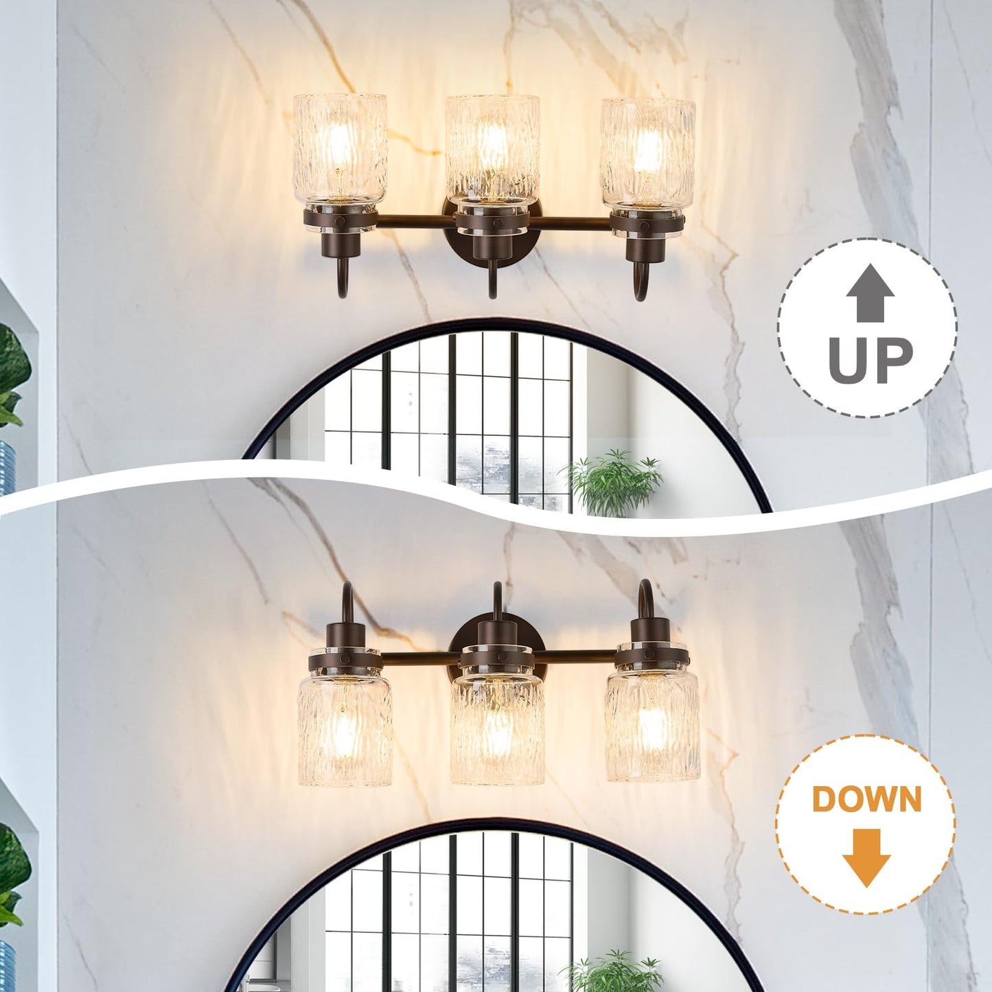 AMRUIPO 3 Lights Bathroom Vanity Light, Oil Rubbed Bronze Bathroom Light Fixtures with Hammered Glass Lampshade for Dressing Table,Over Mirror,Hallway