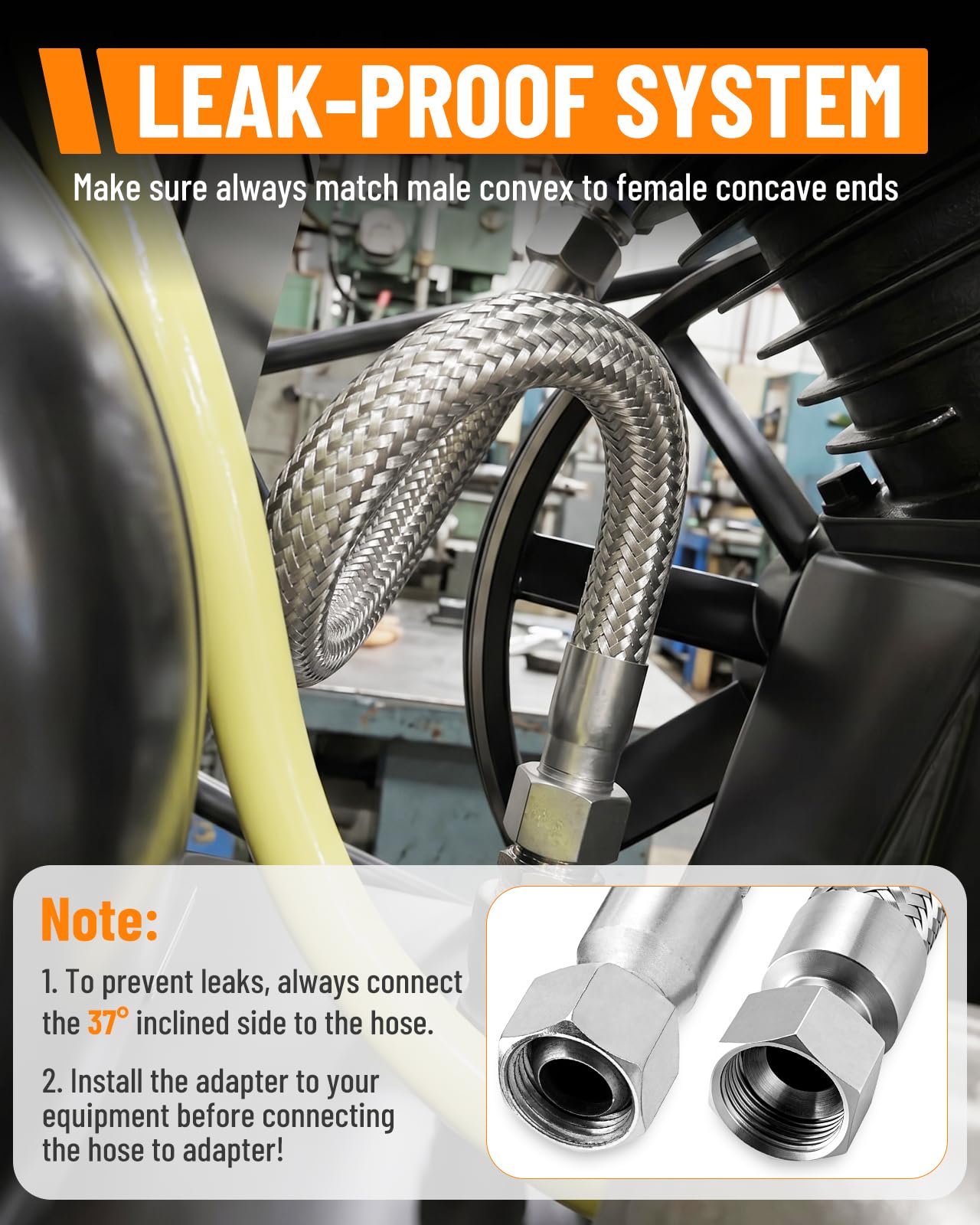 Turnirace 1/2" x 60" Air Compressor Jumper Hose Kit, Steel Braided NPT Air Hose with 1/2" Swivel Ends, Air Compressor Pump to Tank Line, 450 PSI 750°F Air Compressor Flex Hose