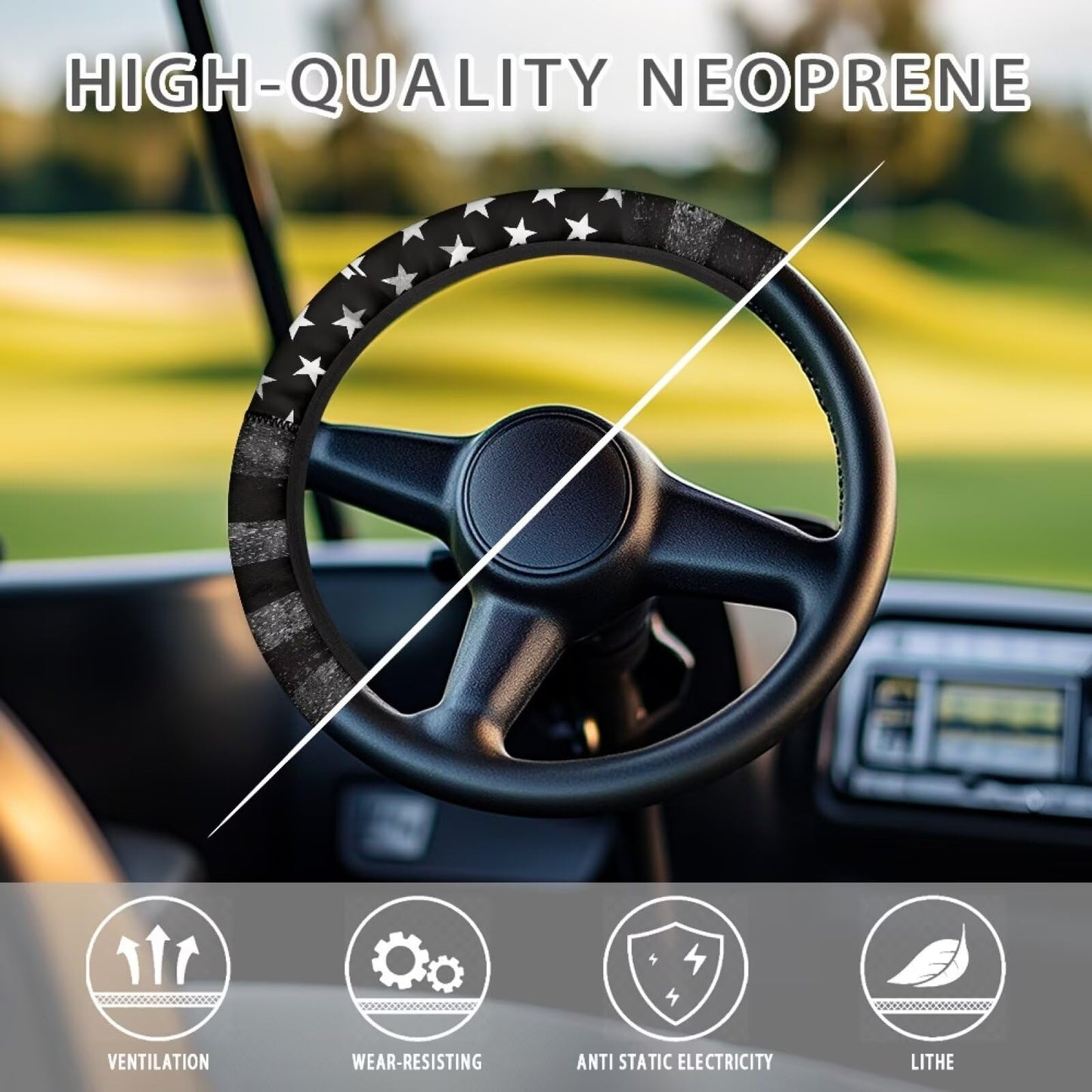 SUITOSELFY Grey and Black Stars and Stripes Golf Cart Steering Wheel Covers 13 inch Patriotic Golf Cart Accessories Decor Stretchy Anti-Slip Golf Cart Steering Wheel Cover Protector