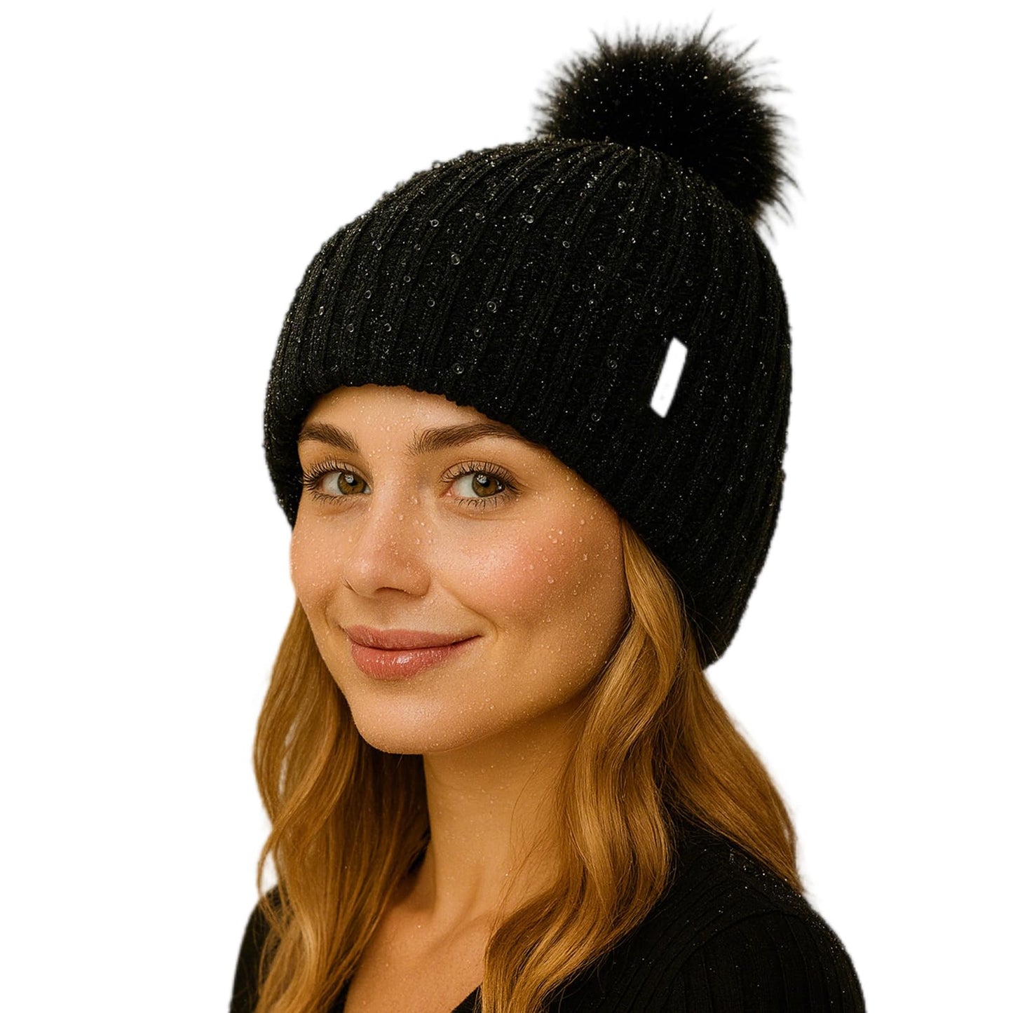 TOP-EX Waterproof Winter Pom Knit Skull Beanie Hat for Women Stocking Cap Warm Fleece Lined with Cute Faux Fur Ski Snow Windproof Black
