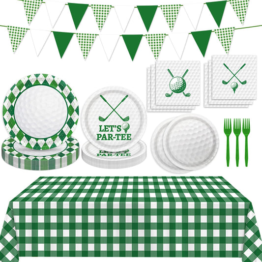 LINHAXM Golf Party Decorations Include Plates, Napkins, Forks, Banner, Tablecloth — Sports Birthday or Baby Shower Golf Birthday Decorations, Serves 24