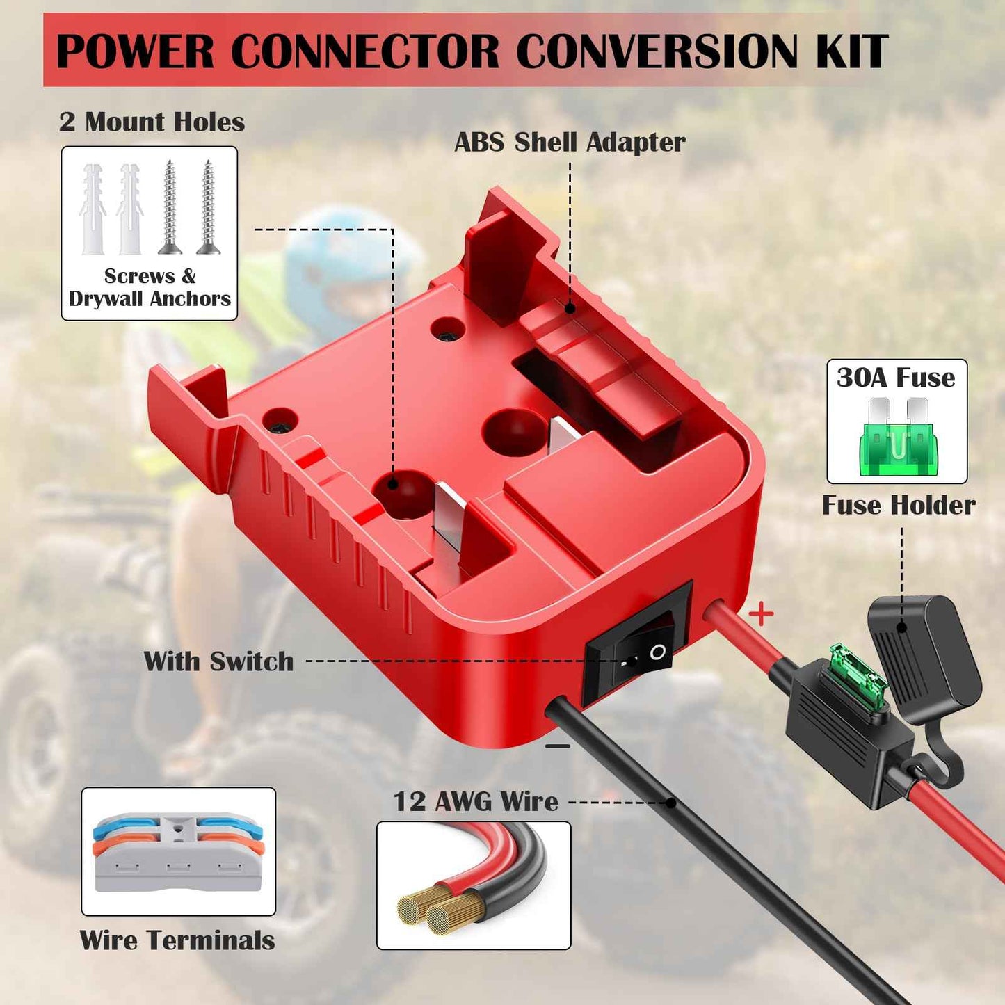 2 Packs 18V Adapters Compatible with Milwaukee M18 Battery for Power Wheel Battery Adapter, Power Tool, DIY RC Toy Car, Power Connector Conversion Kit with Switch & Fuse, 12AWG Wire, Wire Terminal