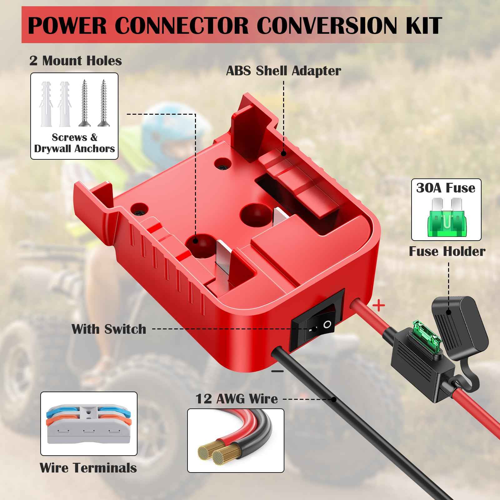 2 Packs 18V Adapters Compatible with Milwaukee M18 Battery for Power Wheel Battery Adapter, Power Tool, DIY RC Toy Car, Power Connector Conversion Kit with Switch & Fuse, 12AWG Wire, Wire Terminal