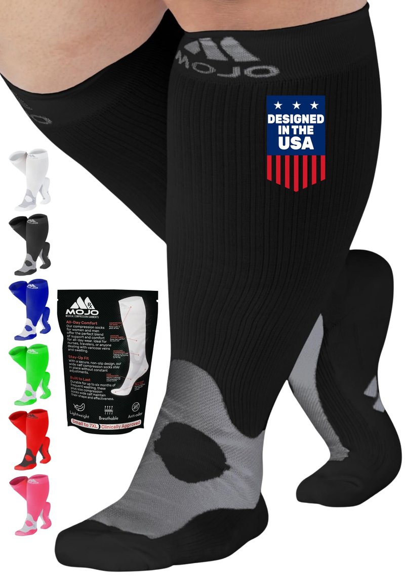 Compression Socks for Women and Men 20-30mmHg Plus Size - Extra Wide Calf Opaque Compression Stockings for Nursing, Lymphedema, Varicose Veins Circulation - Black, 7X-Large - A601