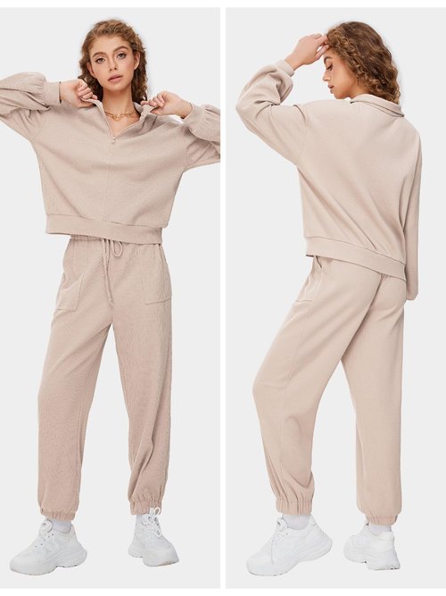 EXLURA Women's Fall 2 Piece Waffle Lounge Set Sweatsuit 2024 Travel Half Zip Sweatshirts Pants Jogging Tracksuit Outfits