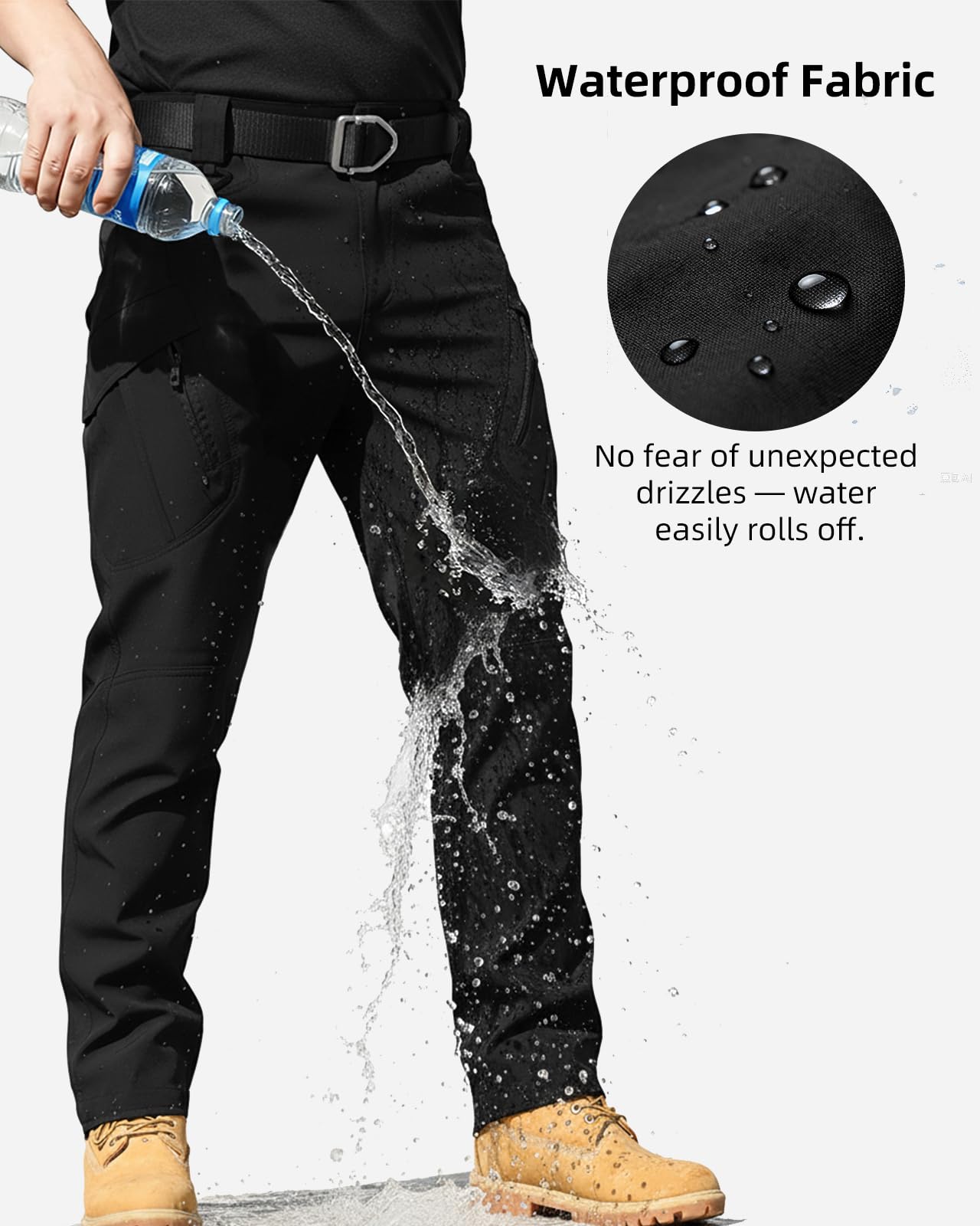 Boonlight Men's Lightweight Quick-Dry Tactical Pants, Water Resistant Hiking Pants with Multiple Pockets for Outdoor & Work (No Belt), Black