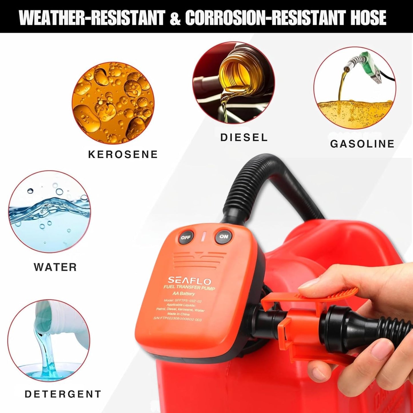 SEAFLO Automatic Fuel Transfer Pump - 2.4 GPM Flow with Auto-Stop Sensor | Portable Gas Can Pump for Oil, Diesel, Gasoline
